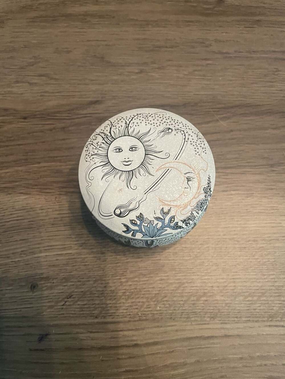 Vintage Sun And Moon Celestial Metal Decorative Tin Container